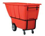 The Vestil Heavy Duty Tilt Truck 1 Cu Yd Red boasts a durable black metal frame, two strong rear wheels, and two smaller front swivel casters in a striking red finish, ideal for efficient maneuvering on a white background.