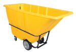 The Vestil Heavy Duty Tilt Truck 1 Cu Yd Yellow is a durable utility cart with a spacious yellow plastic body and a strong metal frame. It features two small front wheels and larger rear wheels for easy maneuverability.