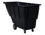 The Vestil Light Duty Tilt Truck 1 Cu Yd Black is an industrial utility cart with a deep bin, featuring two small front wheels and two larger back wheels for easy maneuverability, perfect for efficiently transporting heavy or bulky items.
