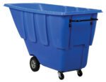 The Vestil Light Duty Tilt Truck 1 Cu Yd Blue includes a spacious blue plastic body with large rear wheels, smaller front casters, and a side handle for easy maneuvering. Its deep rectangular container provides ample material capacity.