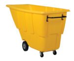 The Vestil Light Duty Tilt Truck 1 Cu Yd Yellow is a durable plastic dumpster with sturdy rear wheels and small swivel casters for easy movement, a black handle, and ribbed patterns for structural support.