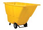 The Vestil Medium Duty Tilt Truck 1 Cu Yd Yellow is a robust tilt truck with a spacious, deep rectangular body on four wheels. It has ribbed sides for added durability and a black metal base with handles for easy maneuverability.