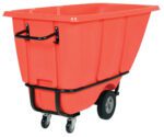 The Vestil Heavy Duty Tilt Truck 1/2 Cu Yd Red features a sturdy black frame, large rear wheels, and front casters, making it ideal for efficiently moving heavy loads or waste in commercial spaces.