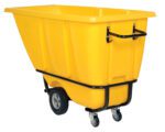 The Vestil Heavy Duty Tilt Truck is a large industrial plastic cart in yellow, featuring a black handle and sturdy metal frame. It has four wheels: two large rear wheels and two front swivel casters. The empty cart sits against a white background.