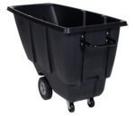 The Vestil Light Duty Tilt Truck 1/2 Cu Yd Black is a large utility cart with a rectangular shape, high sides, and a handle for easy maneuvering. It features two large rear wheels and two front casters for stability and easy movement.