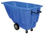 The Vestil Light Duty Tilt Truck 1/2 Cu Yd Blue is a roomy utility cart with a black handle, four wheels—two large rear ones for stability and two smaller front swivel casters for better maneuverability.