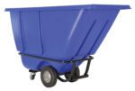 The Vestil Medium Duty Tilt Truck 1/2 Cu Yd Blue is a spacious, blue utility cart with an open-top rectangular design. It has two sturdy black rear wheels and a swivel wheel at the front, all mounted on a strong black metal frame for easy maneuverability.