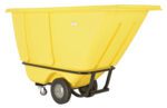 The Vestil Medium Duty Tilt Truck 1/2 Cu Yd Yellow has a sloped front, flat back, and comes with two black wheels and a metal frame for easy transport or dumping of materials, all set against a plain white background.