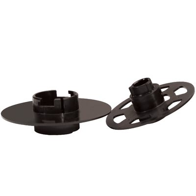 TDTF3M700A.jpg Two black circular components resembling 3M - 1/4 Adapters for a 700 Dispenser feature central cylindrical parts. The left is upright; the right is tilted, exposing an elongated base with cut-outs, suggesting they are mechanical parts.