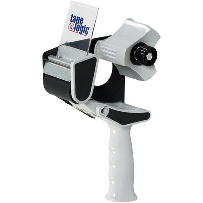 TDTG2.jpg The Tape Logic® 2 Top Gun Carton Sealing Tape Dispenser boasts a white handle with black and silver accents, a tape logic plastic shield, and a gear-like wheel for efficient tape application. Its tilted to the right, primed for use.