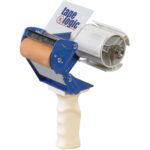 This Tape Logic® 3 Work Horse Carton Sealing Tape Dispenser features a white handle, blue metal frame, and a white plastic wheel for holding tape rolls—ideal for efficient packaging and box sealing.