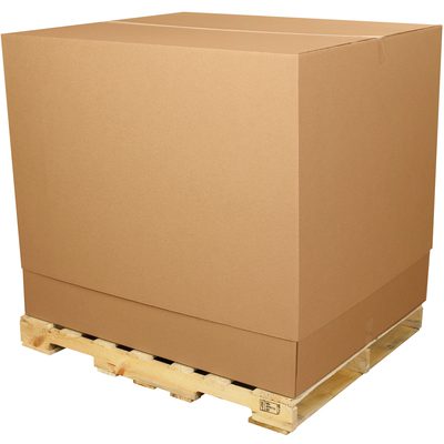 TELE3636TOP.jpg A plain, large MH-USA 36 1/2 x 36 1/2 x 40 Telescoping Outer Box sits unmarked on a sturdy wooden pallet, forming a typical shipping setup.