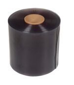 A large roll of black shrink tubing, as durable as the Vestil Roll For Vinyl Strip Door 0.16 Thickness, features a shiny surface with a vertical slit revealing its layers. Its cardboard core is visible against a plain white background.