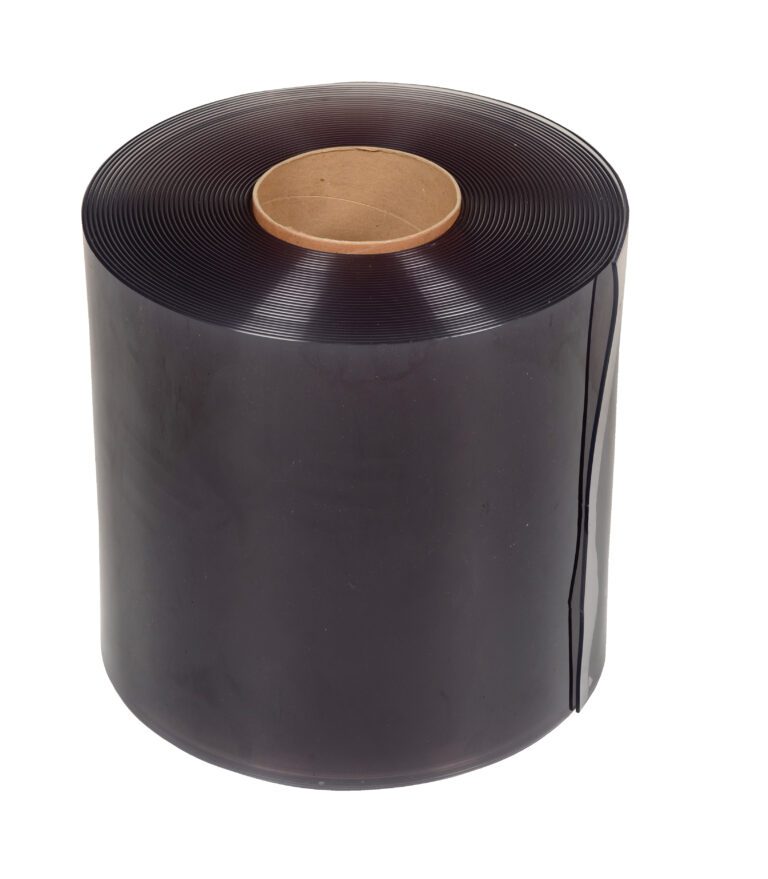 A large roll of black shrink tubing, as durable as the Vestil Roll For Vinyl Strip Door 0.16 Thickness, features a shiny surface with a vertical slit revealing its layers. Its cardboard core is visible against a plain white background.