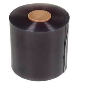 A large roll of black shrink tubing, as durable as the Vestil Roll For Vinyl Strip Door 0.16 Thickness, features a shiny surface with a vertical slit revealing its layers. Its cardboard core is visible against a plain white background.