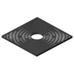 The Vestil Tree Grate Square Black 4 Foot has a central circular opening, with a radiating slotted pattern on its surface that enhances its textured look.