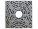 The Vestil Tree Grate Square Black 5 Foot has a circular pattern of slits and evenly spaced rectangular openings radiating from the central hole, promoting efficient water drainage while maintaining functionality.