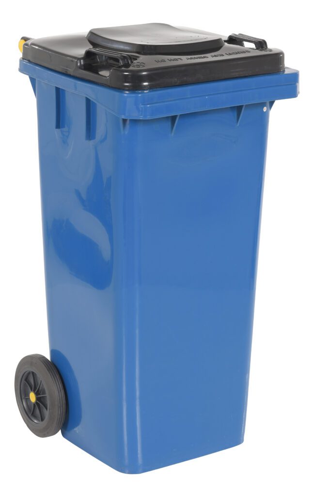 The Vestil Blue Poly Trash Can 32 Gal Capacity offers efficient waste collection with a black lid, handle, and two wheels for easy mobility.