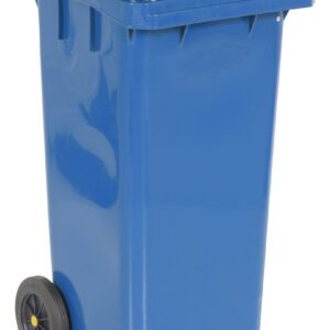 The Vestil Blue Poly Trash Can 32 Gal Capacity offers efficient waste collection with a black lid, handle, and two wheels for easy mobility.