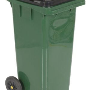 Featured here is the Vestil Green Poly Trash Can with a 32-gallon capacity, equipped with a sleek black lid and two sturdy left-side black wheels for easy mobility and durability.