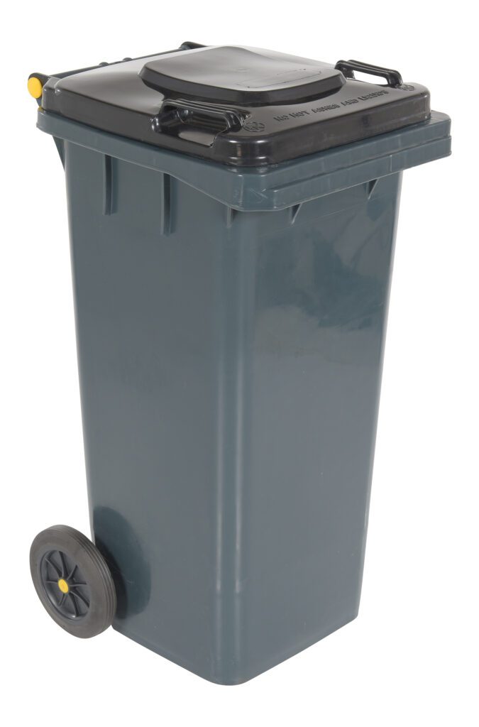 TH-32-GY_A.jpg The Vestil Gray Poly Trash Can has a 32-gal capacity, black lid, yellow handle, and two wheels for easy mobility.
