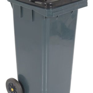 The Vestil Gray Poly Trash Can has a 32-gal capacity, black lid, yellow handle, and two wheels for easy mobility.