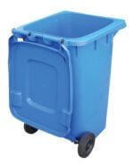 The Vestil Blue Poly Trash Can 64 Gal Capacity serves as a large recycling bin with an upright design. It features a hinged lid and two wheels for easy mobility while maintaining its durability.