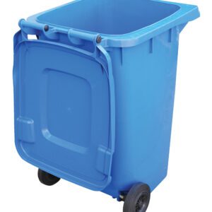 The Vestil Blue Poly Trash Can 64 Gal Capacity serves as a large recycling bin with an upright design. It features a hinged lid and two wheels for easy mobility while maintaining its durability.