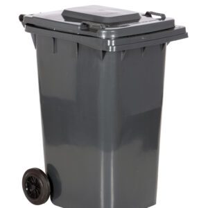 The Vestil Gray Poly Trash Can 64 Gal Capacity is a large, dark gray wheeled bin with a closed lid, two black wheels, and a side handle for easy maneuverability when viewed from an angle.