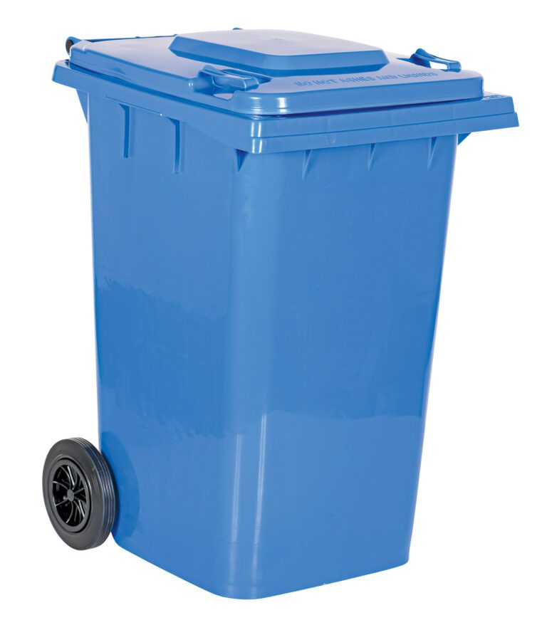 TH-95-BLU_A.jpg The Vestil Blue Poly Trash Can with 95-gallon capacity stands alone, its lid securely closed. This large bin has a sturdy rectangular shape with two black wheels, making it ideal for outdoor waste disposal.