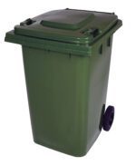 The Vestil Green Poly Trash Can 95 Gal Capacity, depicted on a white background, is a large green bin with a closed lid, two back black wheels, and handles for easy maneuverability.