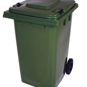 The Vestil Green Poly Trash Can 95 Gal Capacity, depicted on a white background, is a large green bin with a closed lid, two back black wheels, and handles for easy maneuverability.