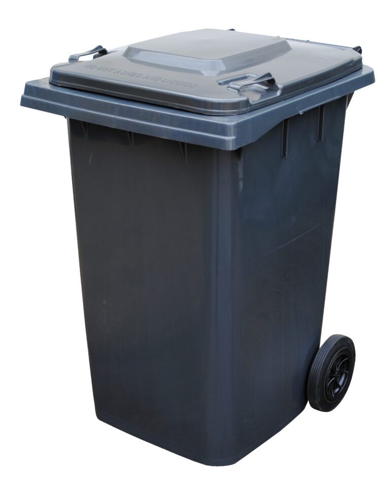 TH-95-GY_A.jpg The Vestil Gray Poly Trash Can, featuring a 95-gal capacity, stands on a white background. Its large and dark gray with two black rear wheels and handles near the top for easy maneuvering.