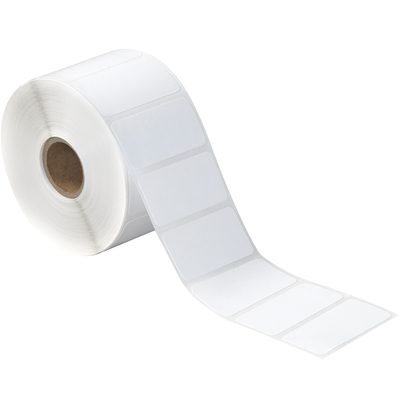 THD102.jpg A roll of MH-USA 2 x 1 White Desktop Direct Thermal Labels features glossy, square-shaped labels wound around a sturdy cardboard core, designed for seamless use in any label printer.