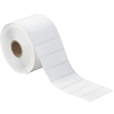 THD103.jpg The partially unrolled MH-USA 2 1/4 x .75 White Desktop Direct Thermal Labels (1780/roll) reveal a single column of rectangular labels with a brown core, ideal for printing or writing tasks.