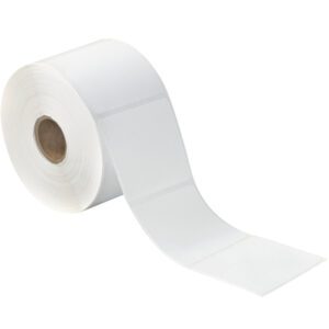 A roll of MH-USA 2 1/4 x 2 White Desktop Direct Thermal Labels (735/Roll) with a brown cardboard core, partially unrolled to display its blank rectangular labels, is set against a plain white background.