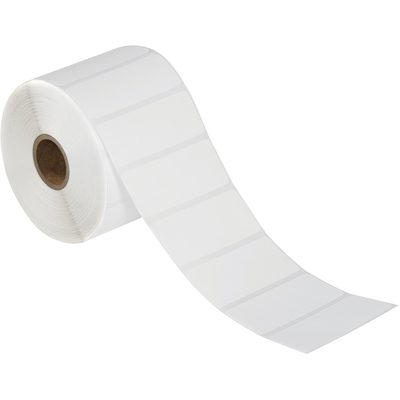 THD106.jpg Unroll the MH-USA 3 x 1 White Desktop Direct Thermal Labels on a brown cardboard core for efficient labeling. The continuous strip with evenly spaced labels offers 1310 per roll, ideal for organizing tasks.