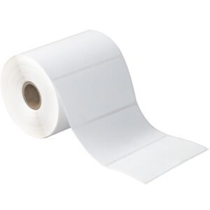 A roll of MH-USA 4 x 2 White Desktop Direct Thermal Labels (735/Roll), partially unrolled, reveals individual labels on a crisp white background with a brown cardboard core.