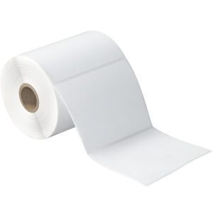 Partially unrolled, the MH-USA 4 x 4 White Desktop Direct Thermal Labels (377/Roll) reveal their rectangular stickers against a plain white backdrop, emphasizing their compact and practical design.