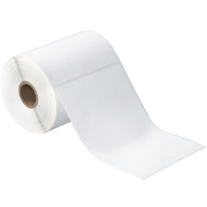 A roll of MH-USA 4 x 6 White Desktop Direct Thermal Labels (250/Roll) lies on its side, partially unrolled, with a brown cardboard core visible. The glossy rectangular labels create a continuous strip, ready for use.