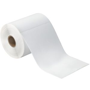 A roll of white toilet paper with a visible cardboard tube on a white background mirrors the orderliness of MH-USA Desktop Direct Thermal Labels (230/Roll), with its loose end gently hanging.