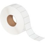 A roll of MH-USA 2 1/4 x 1 1/2 White Thermal Transfer Labels (4308/roll) features rectangular, perforated labels with a cardboard core, partially unrolled on a white background for convenience and style.