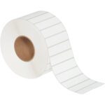 The MH-USA 4 x 1 White Thermal Transfer Labels (5560/Roll) come with horizontal perforations for easy separation, a brown cardboard core, and allow for easy unrolling that highlights the uniform lines on their sleek white surface.