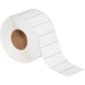 The MH-USA 4 x 1 1/2 White Thermal Transfer Labels (3850/Roll) come as white rectangles on a continuous strip, partially unrolled with a brown cardboard core.