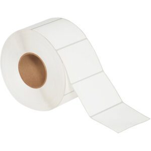 A roll of MH-USA 4 x 3 White Thermal Transfer Labels (2000/Roll) features a brown cardboard core, with labels neatly aligned in a single column, some unrolled to display their pristine surfaces.