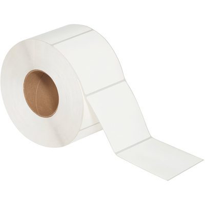 THL112.jpg A roll of MH-USA 4 x 4 White Thermal Transfer Labels (1500/Roll) on a brown cardboard core is partially unrolled, highlighting its even spacing and smooth surface against a plain background.
