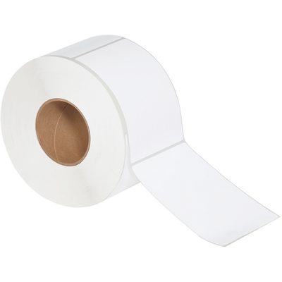 THL114.jpg An angled roll of MH-USA 4 x 6 White Thermal Transfer Labels, with a brown cardboard core and matte-finish labels, slightly unrolled to show individual labels; contains 1000 labels per roll.