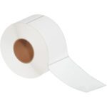 A large roll of MH-USA 4 x 6 1/2 White Thermal Transfer Labels (900/Roll) sits against a plain white background, partially unrolled to reveal its smooth white surface, perfect for printing or writing.