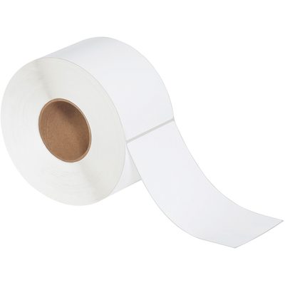 THL116.jpg The MH-USA 4 x 8 White Thermal Transfer Labels (800/Roll) features a large roll with a brown cardboard core, partially unrolled to show its smooth surface against a plain white background, ready for labeling.