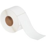An unrolled MH-USA 4 x 10 white thermal transfer label roll features rounded corners and a brown cardboard core, offering a seamless labeling solution with 600 adhesive labels per roll.